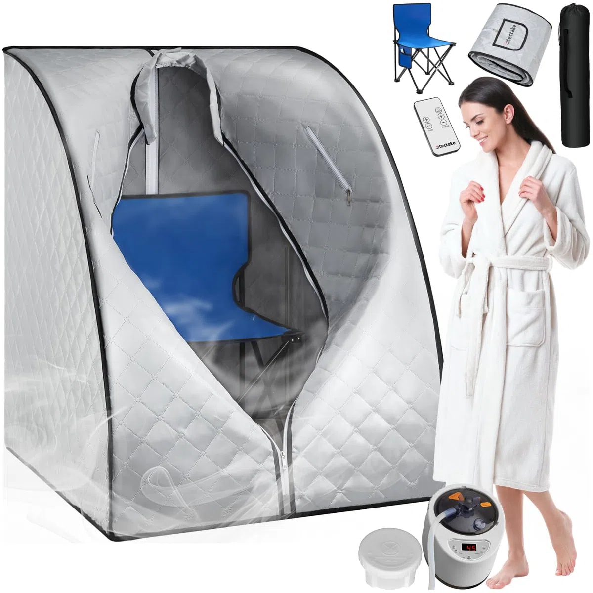 tectake® Sauna à Vapeur Pliable et Portable 90 x 78 x 100 cm, Sauna Portable 1000W 15 Températures et Minuterie, Appareil à Vapeur, Télécommande, Chaise Pliante, Tapis Protection, Sac de Transport