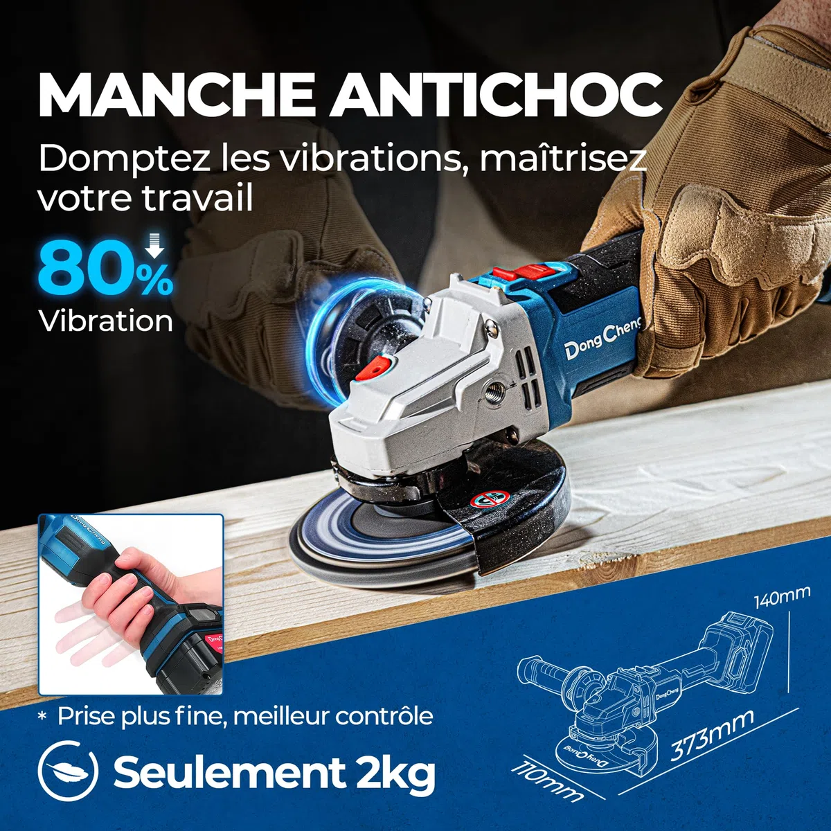 DongCheng Meuleuse d'angle sans fil 20V, Moteur sans balais, Disqueuse sans fil 125 mm, poignée anti-vibrations, 2 disques abrasifs, 2 disques à lamelles, 2 disques à tronçonner, batterie 4,0 Ah