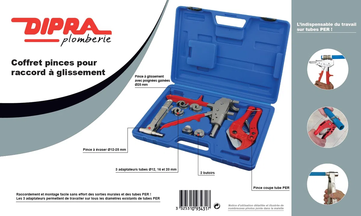 DIPRA - Coffret Pinces pour Raccord à Glissement PER - Pince à Glissement Ø25 mm, Évasoir Ø12-25 mm, Coupe-Tube, 3 Adaptateurs Ø12/16/20 - Mallette