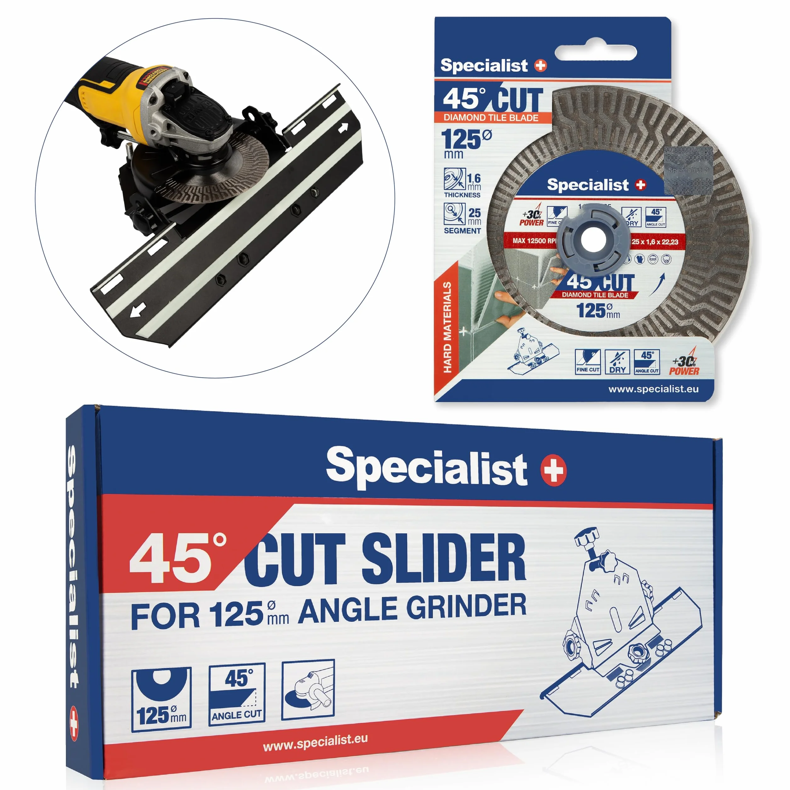 Specialist+ Kit de découpe de carreaux pour meuleuse d'angle - Coupe-carreaux manuel à 45 degrés et disque diamant de 125 mm, disque diamant ultra-mince pour carrelage, céramique, marbre