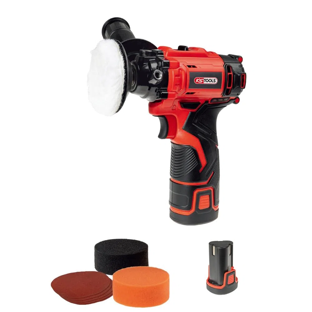 KS Tools - 515.4760F - Polisseuse sur batterie - Polisseuse voiture 12V - Avec accessoires - Pour renovation phare voiture - Efficace contre les rayures