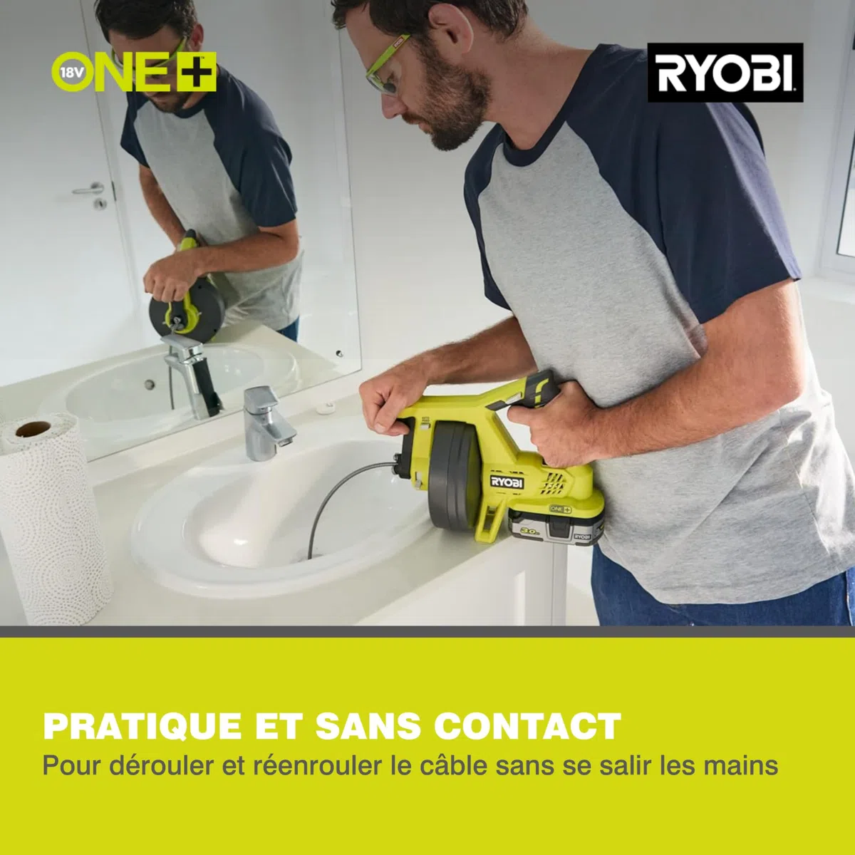 RYOBI - Déboucheur 18V ONE+ - Vitesse Max 600 tr/min, pour 11,5cm/sec - Câble 7,6m, Tête 16mm, Gâchette avec Interrupteur Bloquant et Inverseur de Rotation - Batterie et Chargeur non Inclus - R18DA-0
