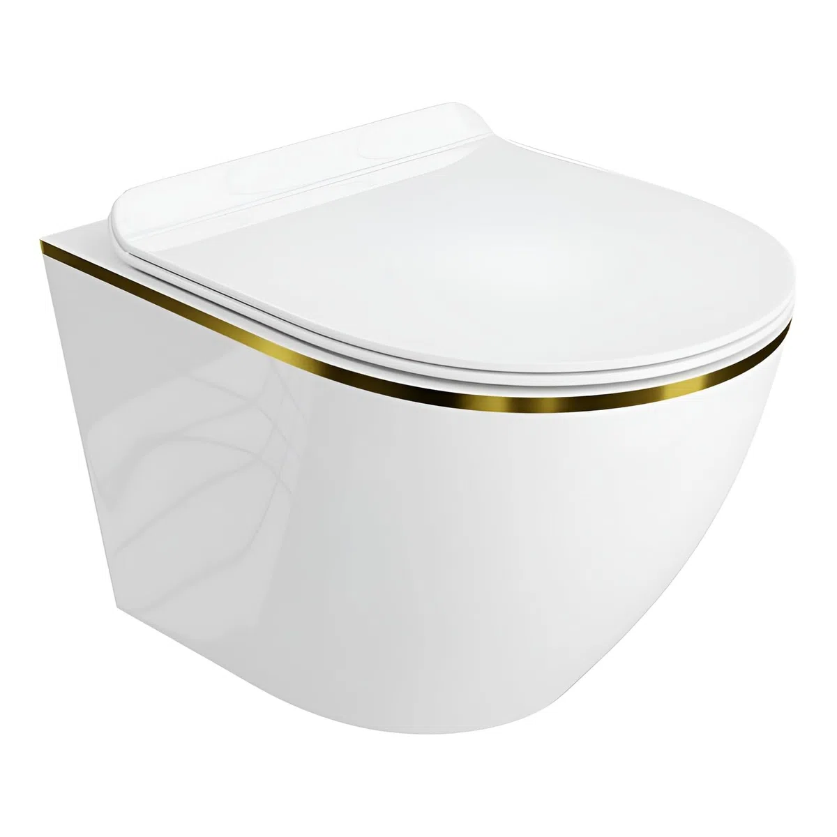 LAVITA WC mural suspendu avec siège de toilette, couvercle de toilette avec système d'abaissement automatique et charnières en métal Sans rebords, cuvette de toilette suspendue Sofi Slim Gold Line