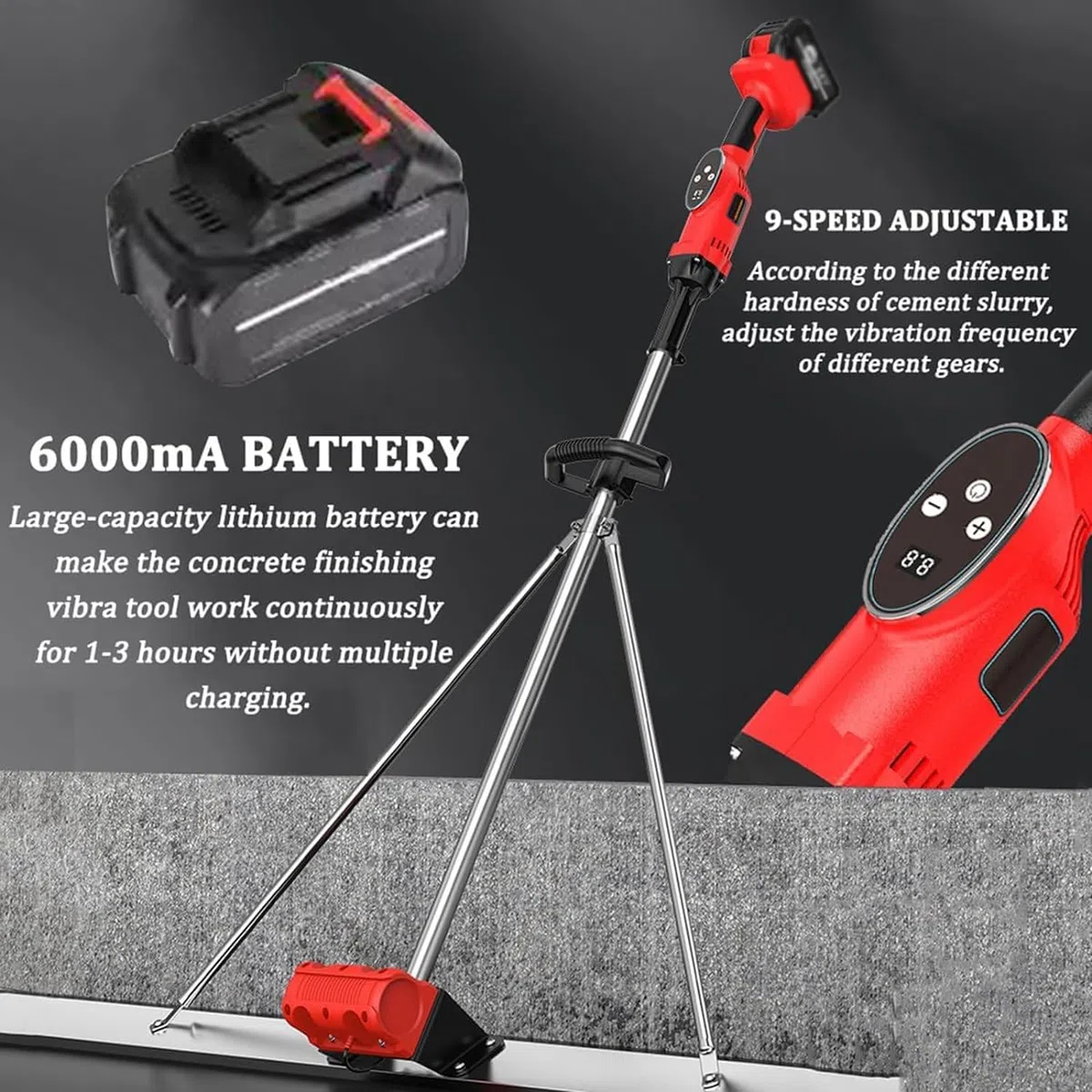 Outil vibrant pour béton,kit vibrant pour chape en béton électrique,règle de nivellement de surface en béton alimentée par batterie, Structure Fixe Triangulaire pour Chape en béton ,1.2M,2battery