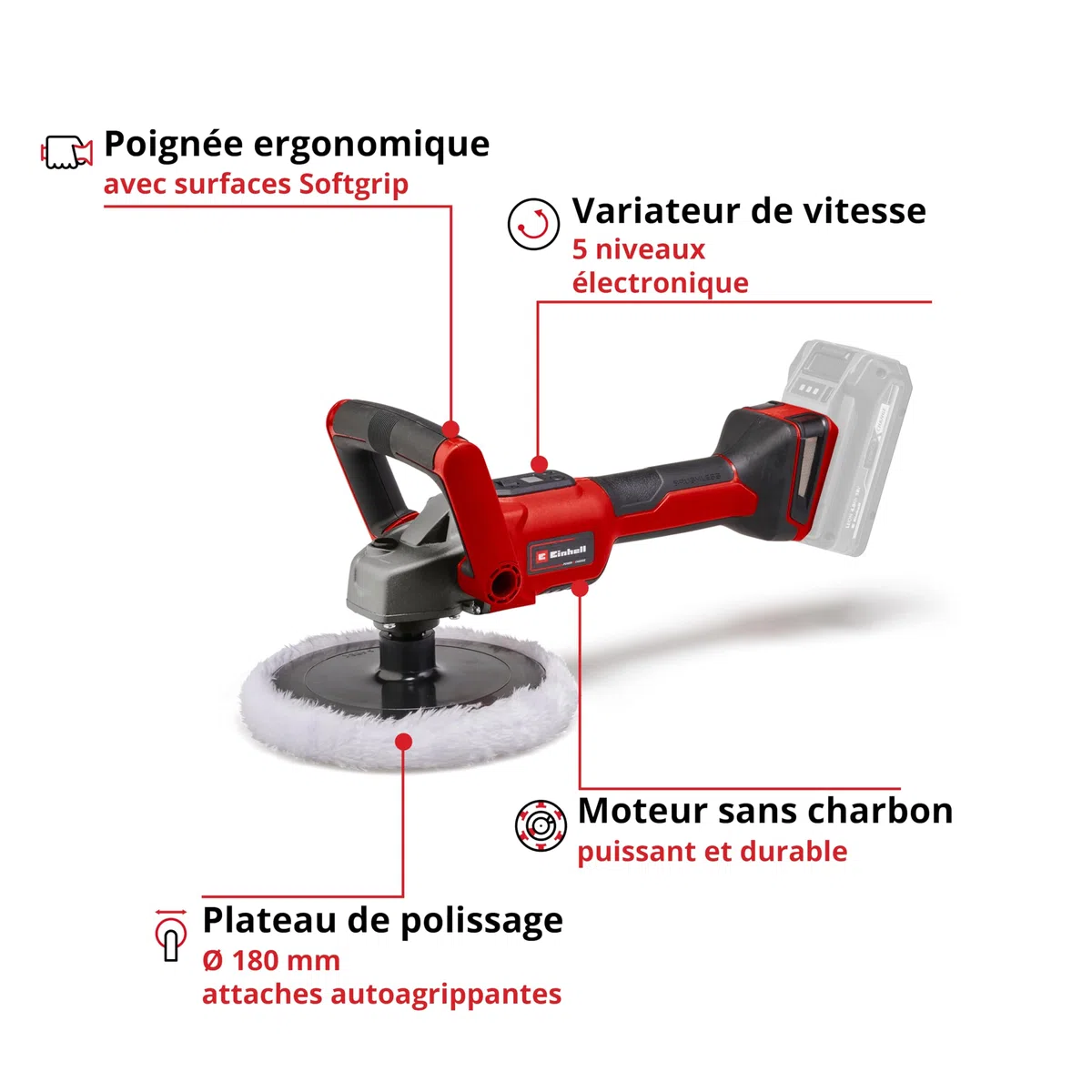 Einhell Polisseuse sans fil CE-CP 18/180 Li E-Solo Power X-Change (18V, moteur électrique sans charbon, régulateur électronique) Livré sans Batterie ni Chargeur