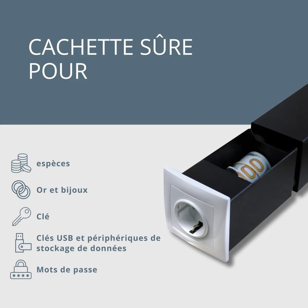 Coffre-fort pour prise de courant, coffre-fort avec 1 prise, ouverture magnétique et serrure spéciale, coffre-fort mural pour ranger de manière invisible, compartiment secret pour argent