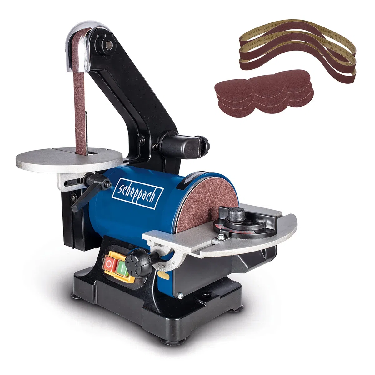 Scheppach Ponceuse à Bande et à disque BTS700 | Puissance 250W | Longueur de bande 762mm-Largeur 25,4mm | Plateau Ø125mm | Table d'appui réglable de 90°à 45° | Vitesse 816min-1 | 12 abrasifs supp.