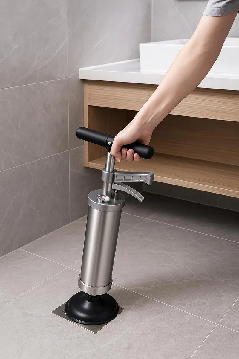 BRÜTAL Déboucheur Canalisation Haute Pression à Air Comprimé – WC Évier Lavabo Douche – Pistolet Déboucheur Pneumatique Professionnel 4 Bars, Manomètre, Cuve Inox & 3 Embouts – Sans Produit Chimique