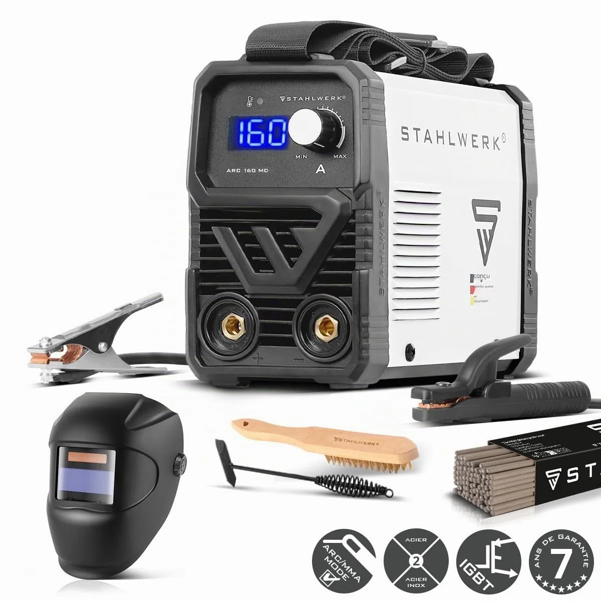 STAHLWERK Poste à souder à l'électrode ARC 160 MD – Kit complet – MMA jusqu'à 160 A, utilisation flexible sans gaz, compact & léger, évolutif TIG DC, Hotstart, Anti-Stick, Smart Cooling