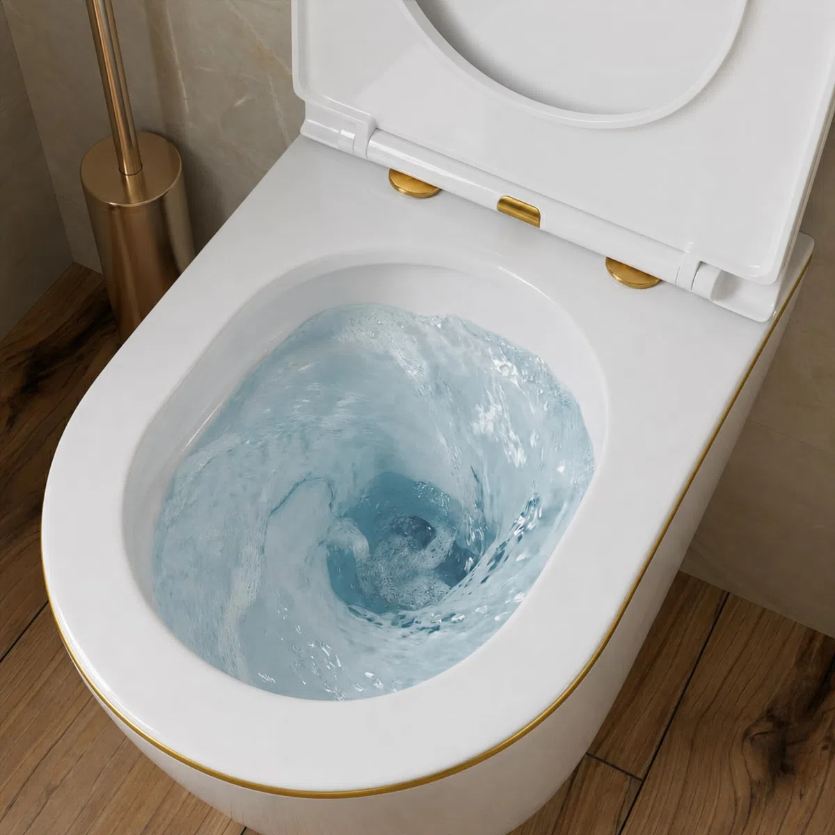 LAVITA WC mural suspendu avec siège de toilette, couvercle de toilette avec système d'abaissement automatique et charnières en métal Sans rebords, cuvette de toilette suspendue Sofi Slim Gold Line