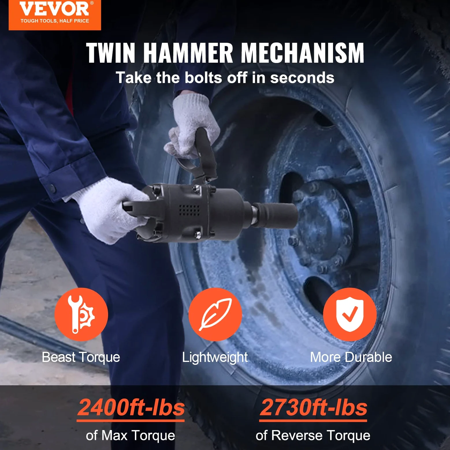 VEVOR Clé à chocs pneumatique, 1 po pistolet à chocs pneumatique couple inverse 2730 pi-lb léger poignée en D pour réparations lourdes, tâches de camions, amateur automobile, mécanicien professionnel