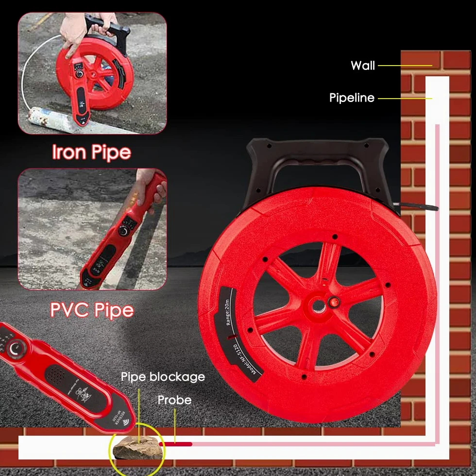 Pipe Blockage Detector, Water Pipe Locator Underground Diagnostic-Tool Wall Scanner Pipeline Blocking Clogging Scanner Plumbers Instrument For Metal PVC Water Pipes (20M)