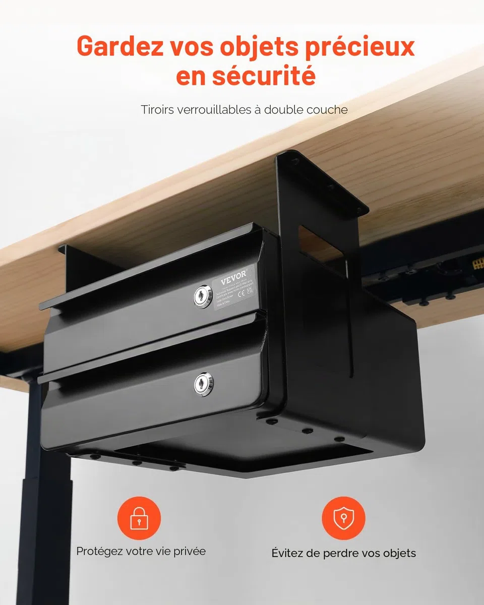 VEVOR Tiroir Coulissant sous Bureau, 365x335x250 mm, Tiroir Organisateur de Rangement de Bureau Caché Verrouillable, Capacité de Charge 5 kg, pour Maison sous Table, Poste de Travail Assis-Debout