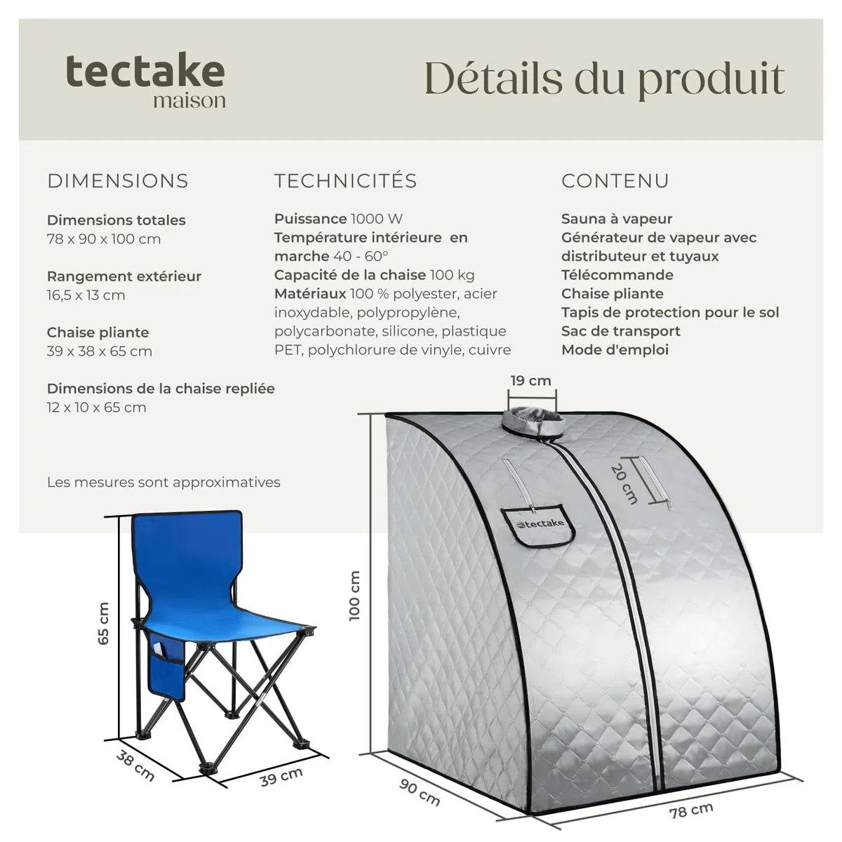 tectake® Sauna à Vapeur Pliable et Portable 90 x 78 x 100 cm, Sauna Portable 1000W 15 Températures et Minuterie, Appareil à Vapeur, Télécommande, Chaise Pliante, Tapis Protection, Sac de Transport