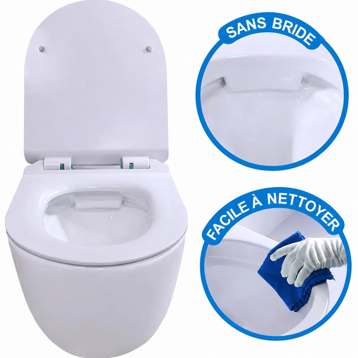 WC Suspendu Blanc Sans Bride avec Fixations Invisibles + Abattant Ultra Fin Déclipsable + Frein de Chute (Blanc)