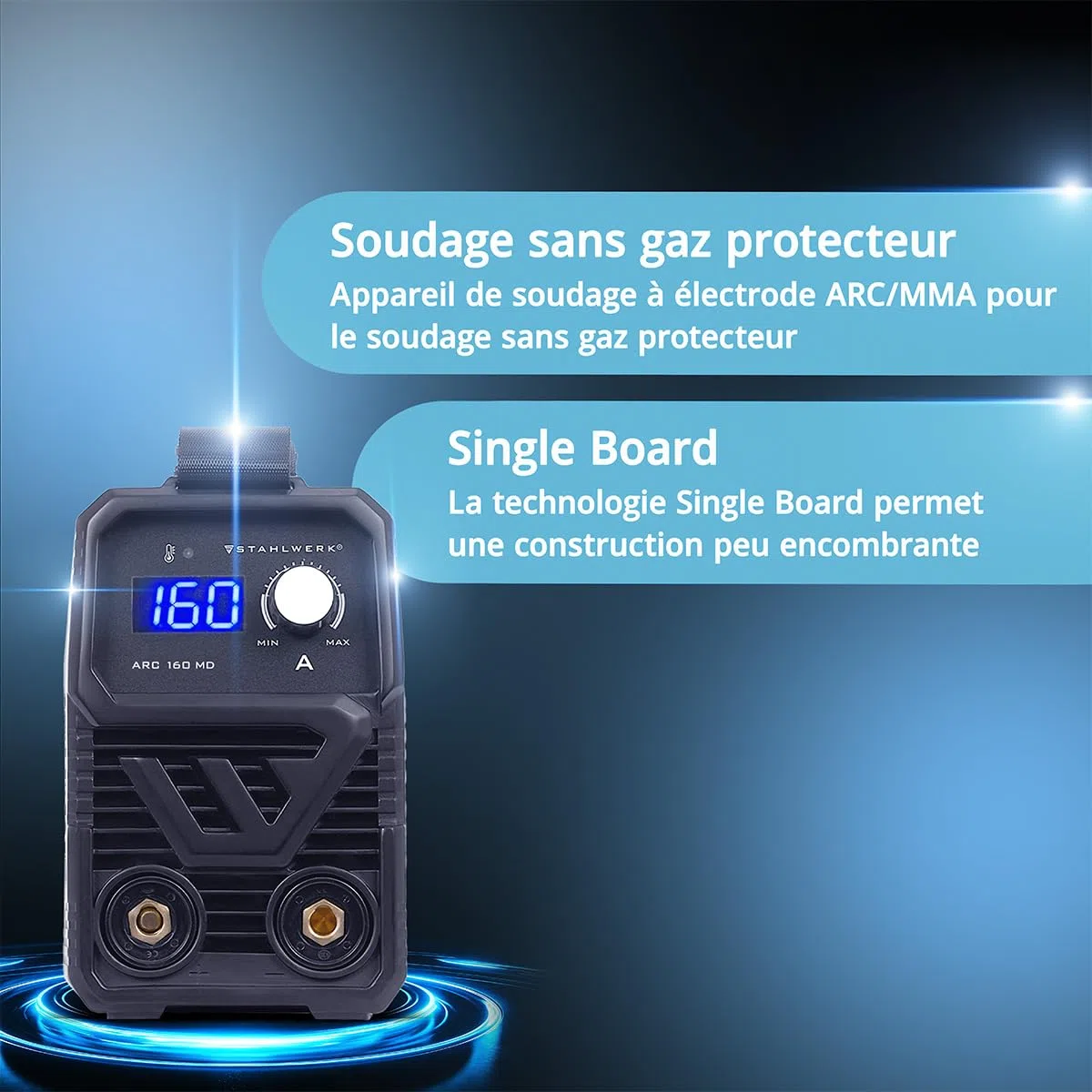 STAHLWERK Poste à souder à l'électrode ARC 160 MD – Kit complet – MMA jusqu'à 160 A, utilisation flexible sans gaz, compact & léger, évolutif TIG DC, Hotstart, Anti-Stick, Smart Cooling