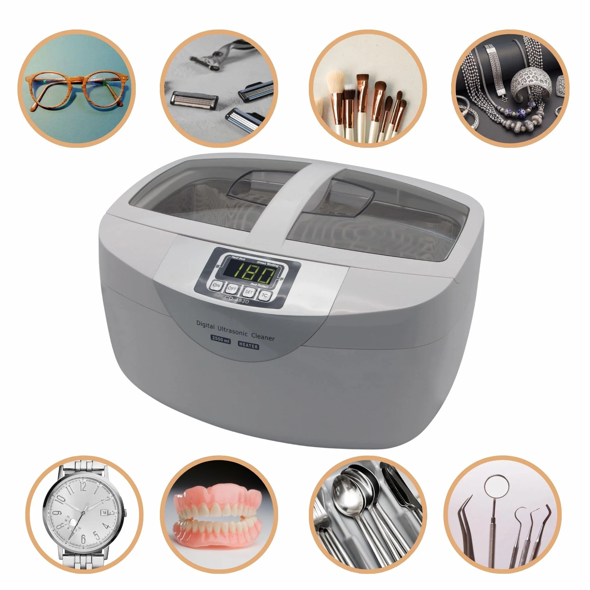 Perel Nettoyeur à ultrasons 2.6 L, 35 kHz nettoyeur bijoux et lunettes, cuve inox, minuterie digitale 5 cycles, nettoyage profond sans rayures, blanc