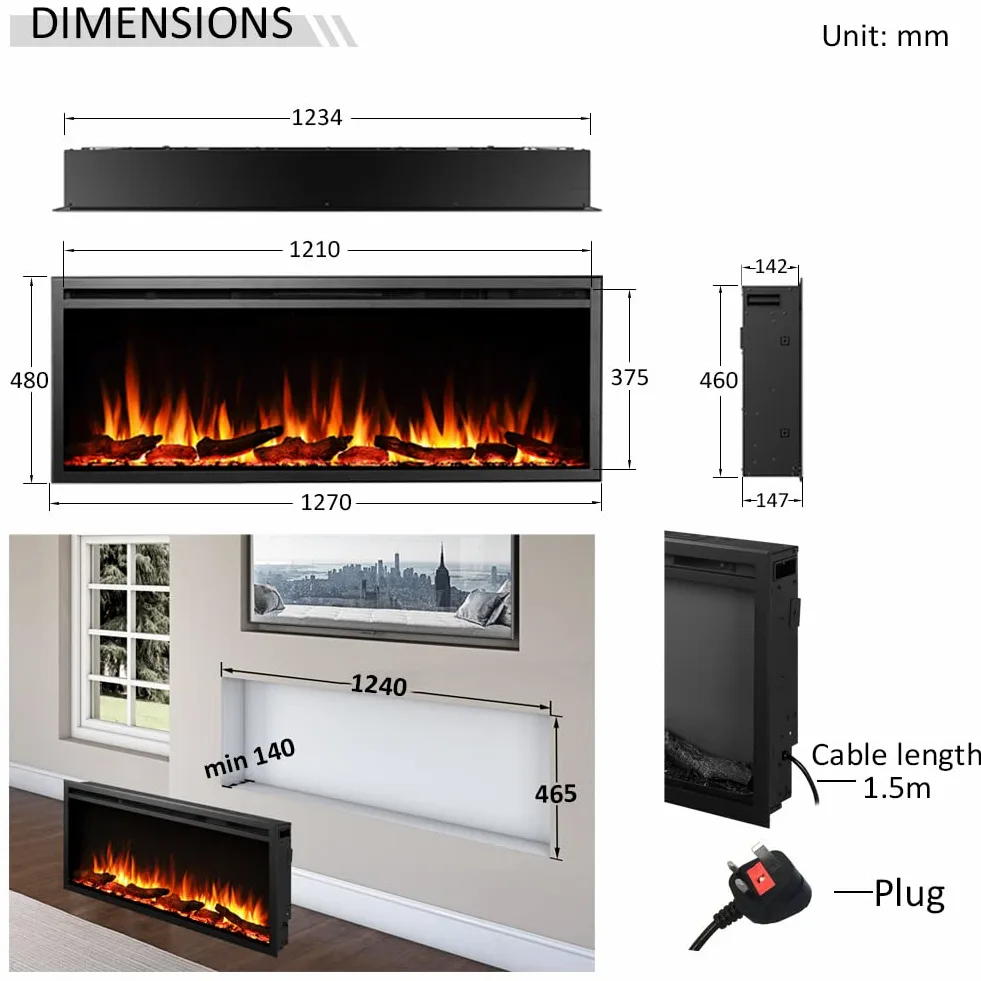FLAMME Castello Cheminée électrique murale encastrée avec 3 couleurs de flamme 750 W/1500 W 127 cm