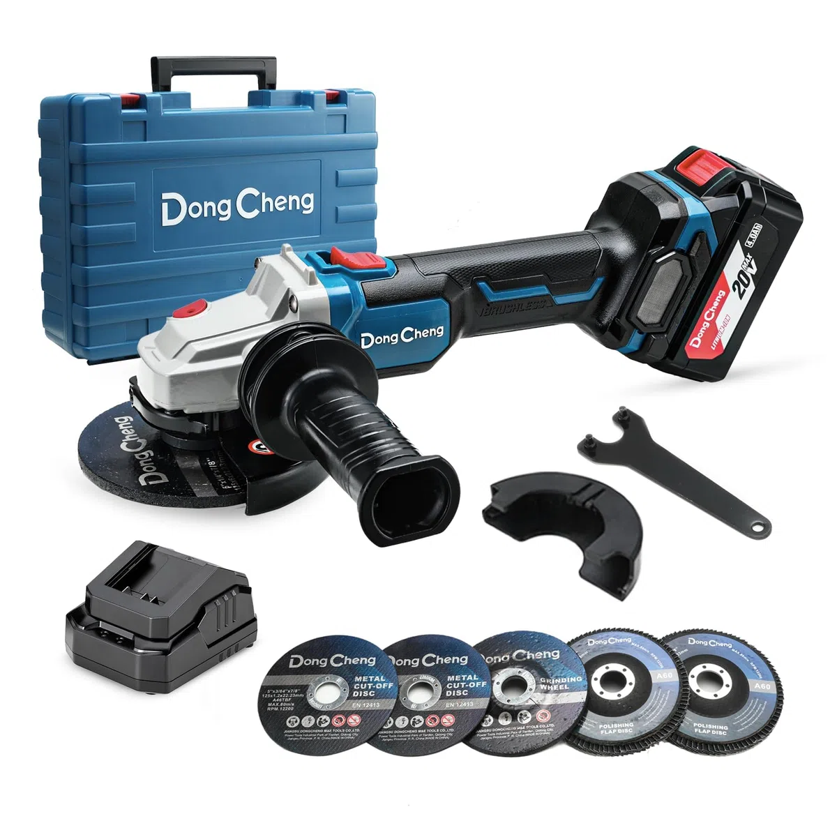 DongCheng Meuleuse d'angle sans fil 20V, Moteur sans balais, Disqueuse sans fil 125 mm, poignée anti-vibrations, 2 disques abrasifs, 2 disques à lamelles, 2 disques à tronçonner, batterie 4,0 Ah