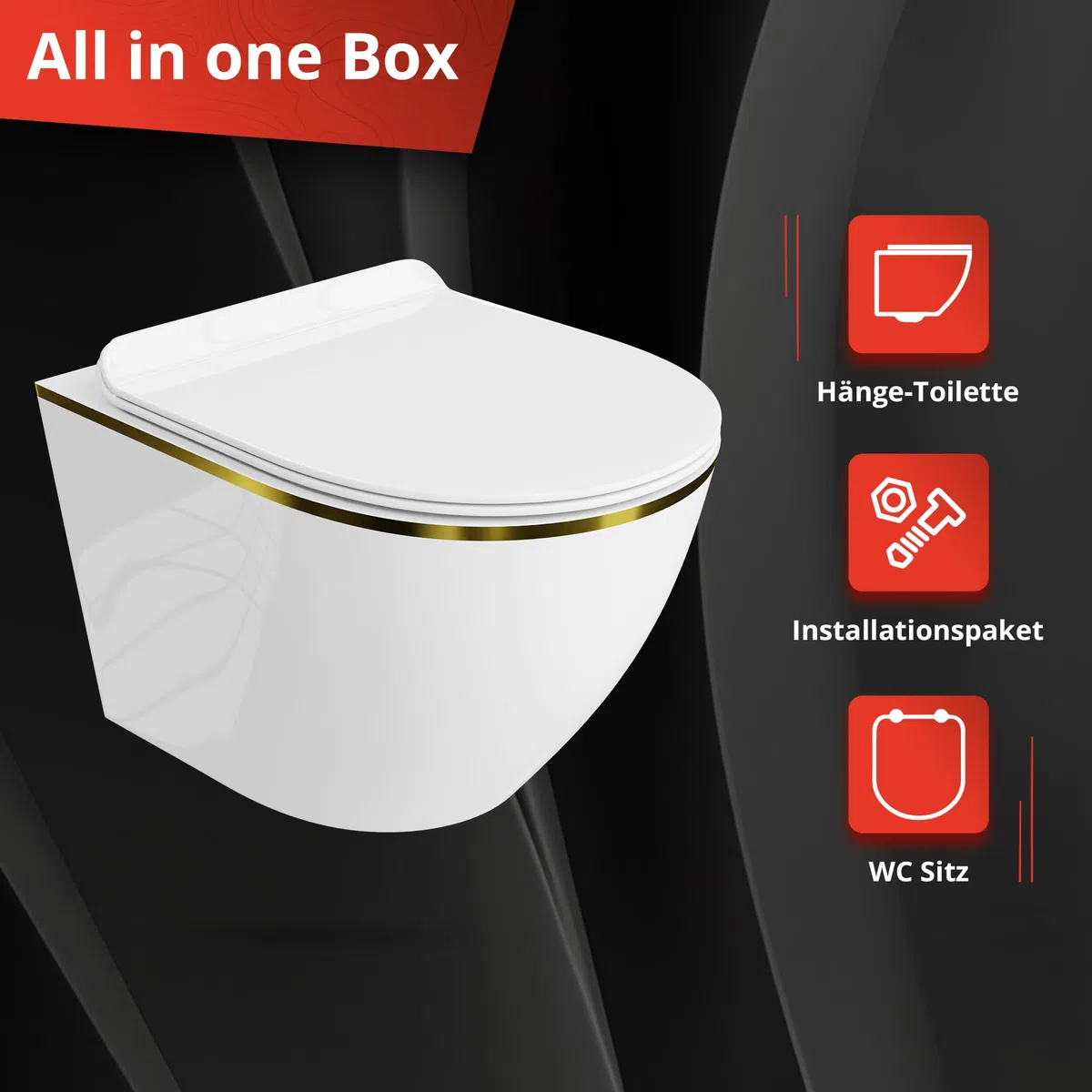 LAVITA WC mural suspendu avec siège de toilette, couvercle de toilette avec système d'abaissement automatique et charnières en métal Sans rebords, cuvette de toilette suspendue Sofi Slim Gold Line