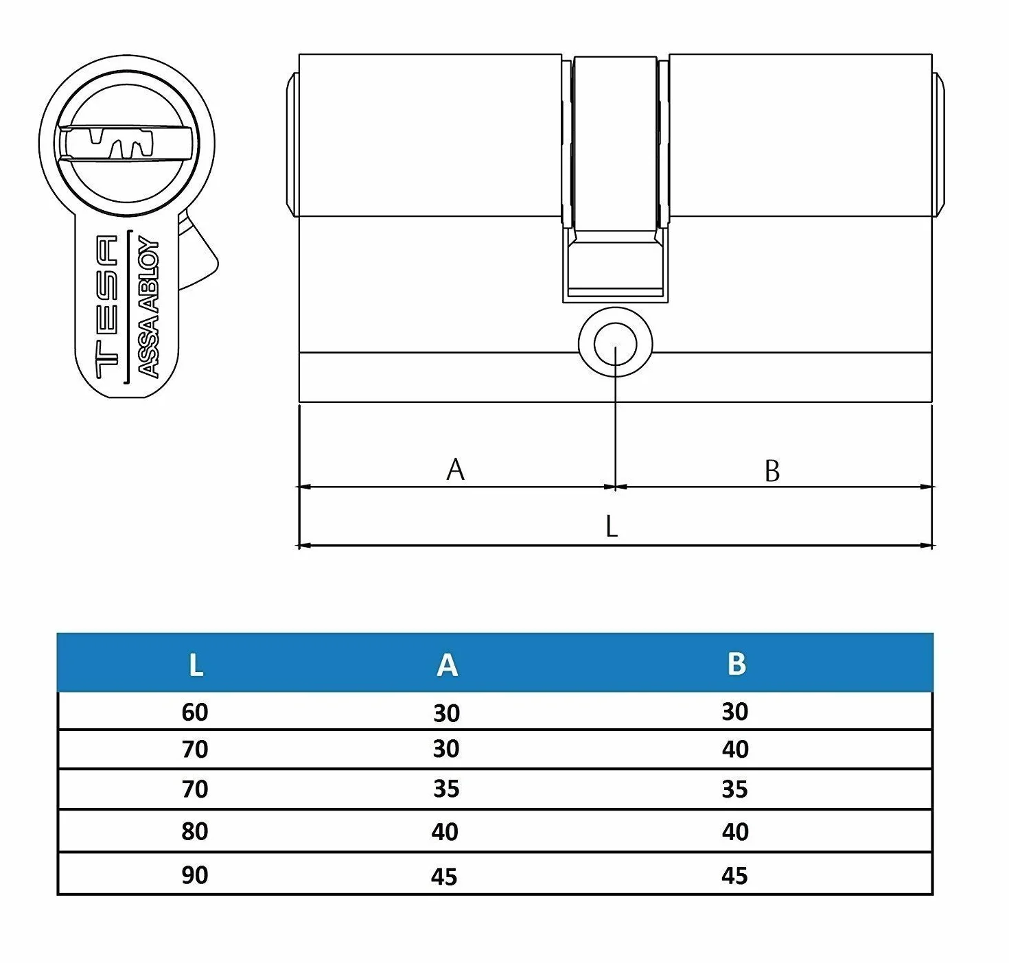 TESA TX853035N Cylindre européen TX80, 30 x 35 mm, finition nickelée, profil européen