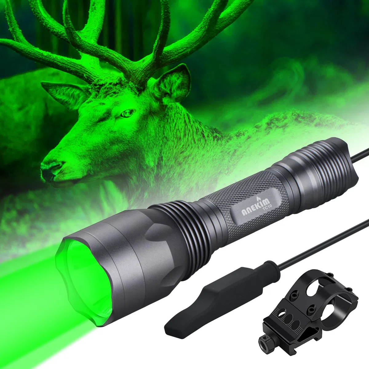 TC10 Kit de lampe de chasse, lumières vertes jusqu'à 1200 m, lampe de chasse haute puissance pour coyote, prédateur, Varmint, Coon & Hog - Éclairage 1600 lumens 1200 m
