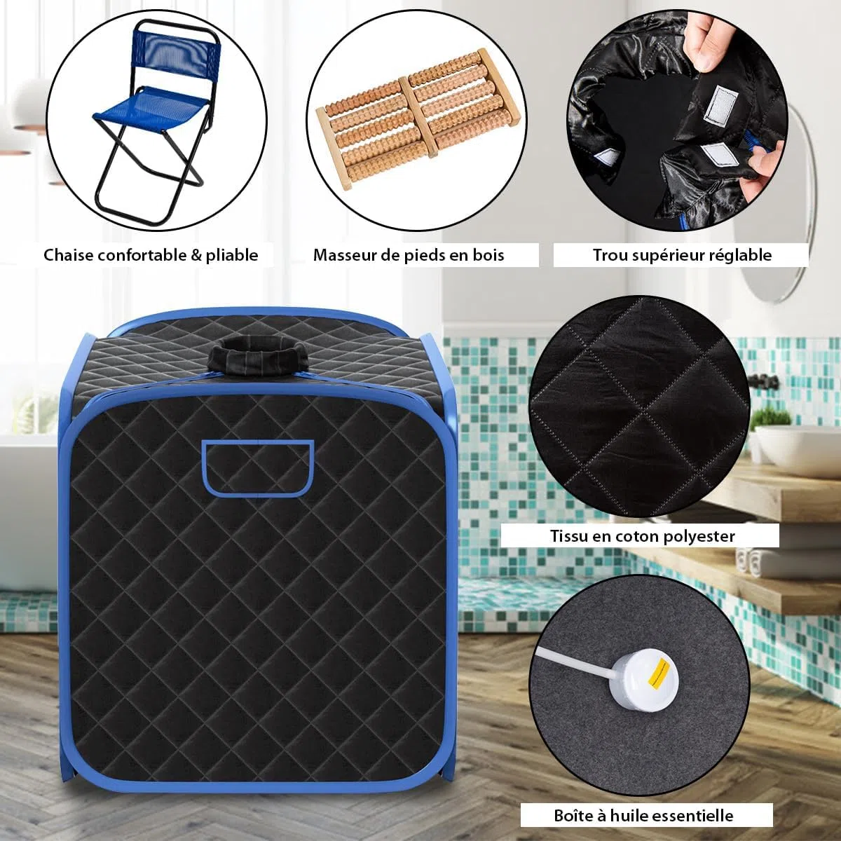 RELAX4LIFE Sauna à Vapeur Portable 2L 1000W, Cabine de Sauna Pliable à Domicile avec 9 Températures Ajustables, Tente de Spa avec Rouleau de Massage, Télécommande pour Détoxification (Noir)