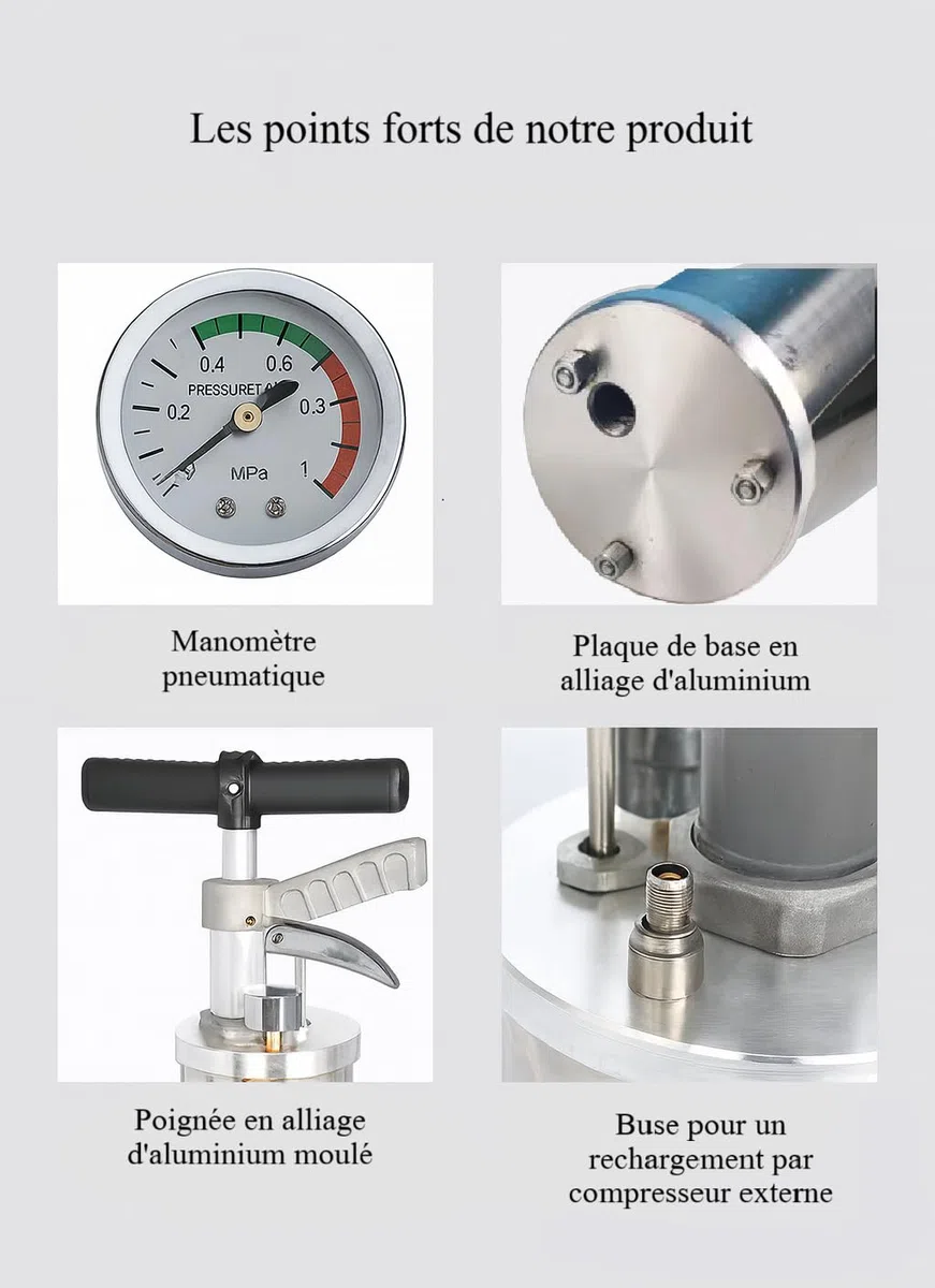BRÜTAL Déboucheur Canalisation Haute Pression à Air Comprimé – WC Évier Lavabo Douche – Pistolet Déboucheur Pneumatique Professionnel 4 Bars, Manomètre, Cuve Inox & 3 Embouts – Sans Produit Chimique