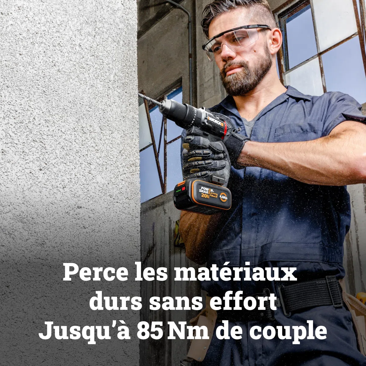 WORX Perceuse-visseuse à percussion sans fil 20V WX356, couple max de 85 Nm, moteur brushless, design compact, éclairage led intégré, livrée avec 2 batteries, chargeur, poignée auxiliaire, etc