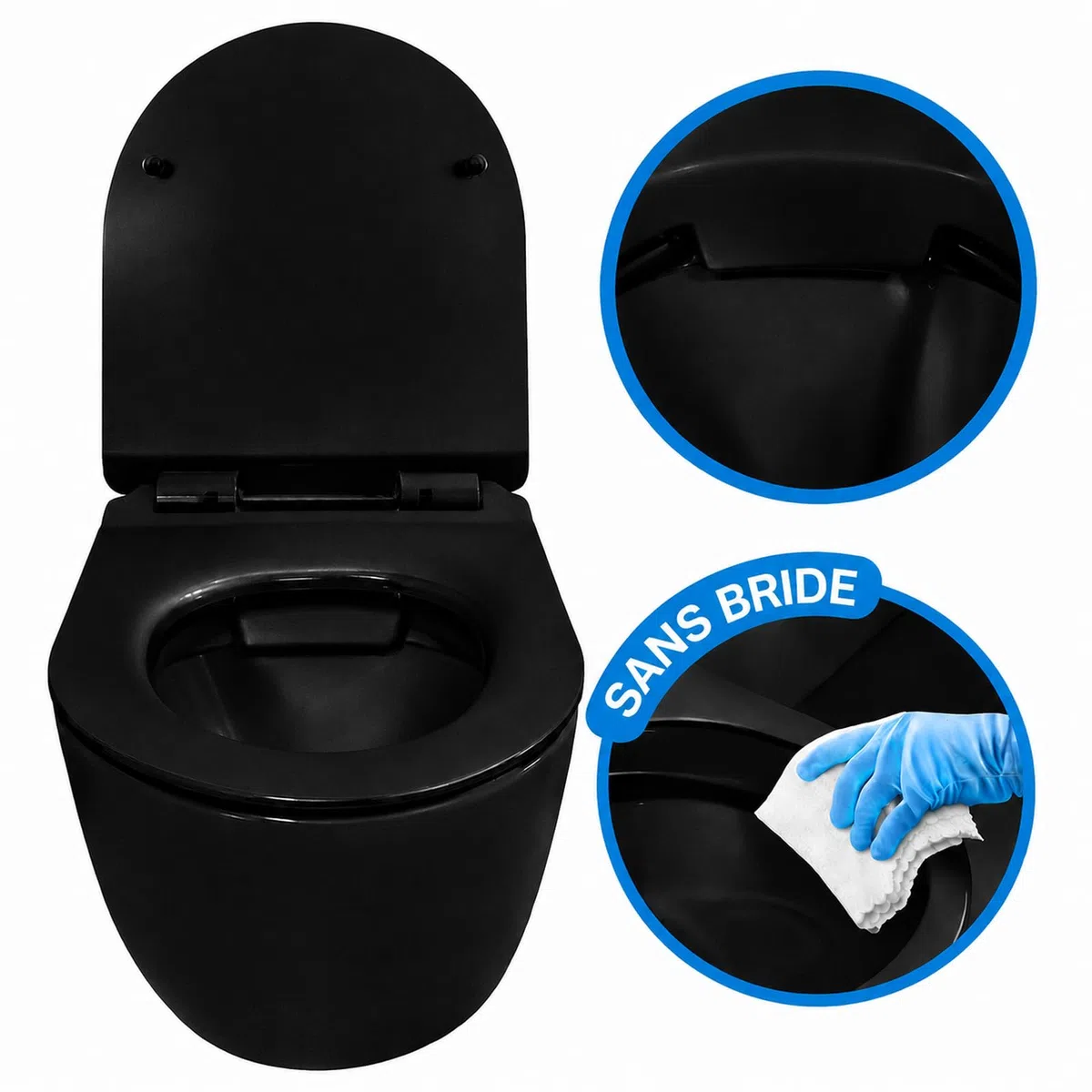 WC Suspendu noir Sans Bride avec Fixations Invisibles + Abattant Ultra Fin Déclipsable + Frein de Chute (Noir)
