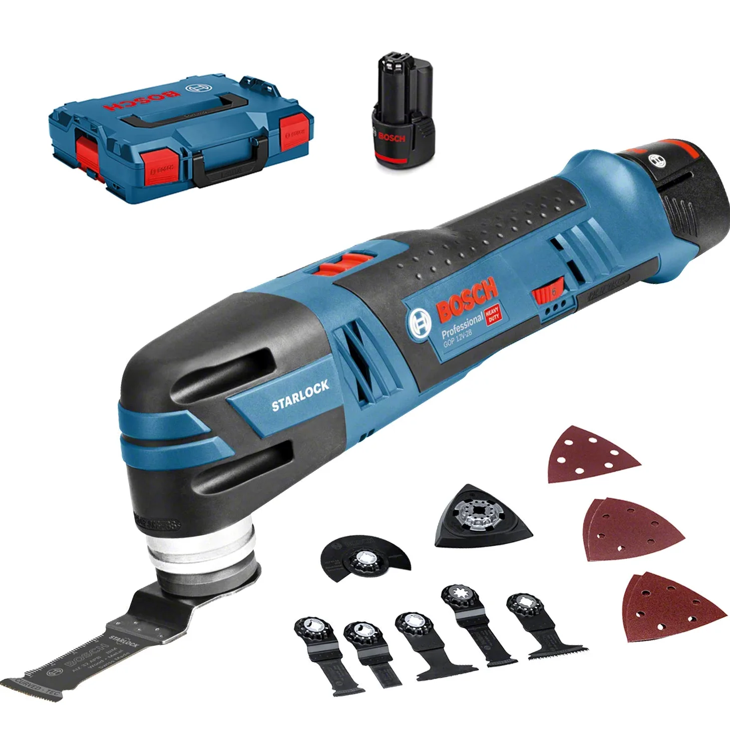 Bosch Professional 12V System découpeur-ponceur sans-fil GOP 12V-28 (avec 2x GBA 3,0Ah, GAL 1230 CV, 1 plateau triangulaire, 5 feuilles abrasives, 3 lames plongeantes, L-BOXX)