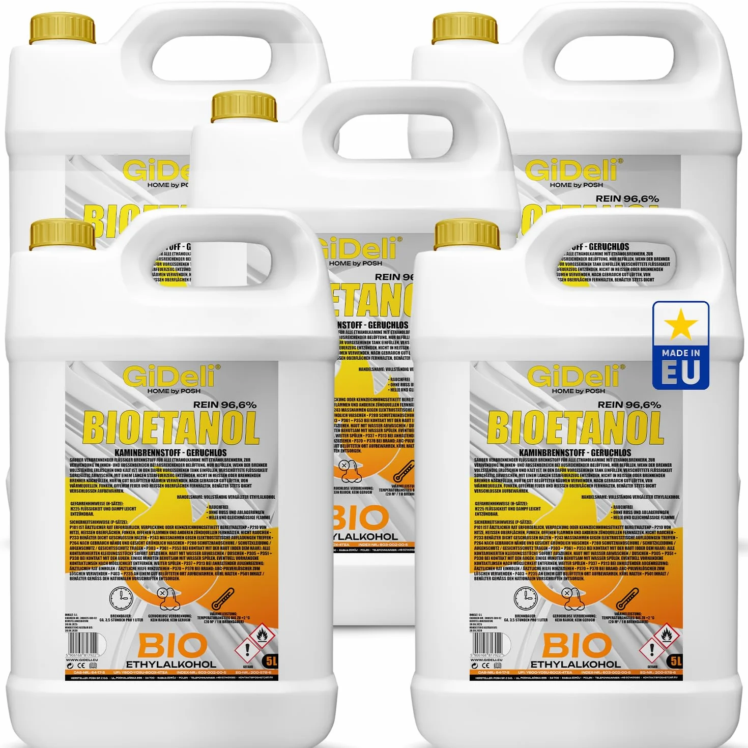 GiDeli Bioéthanol 25L Éthanol 96,6% Bio Alcool Inodore et Propre à Brûler pour Cheminées Intérieures et Extérieures