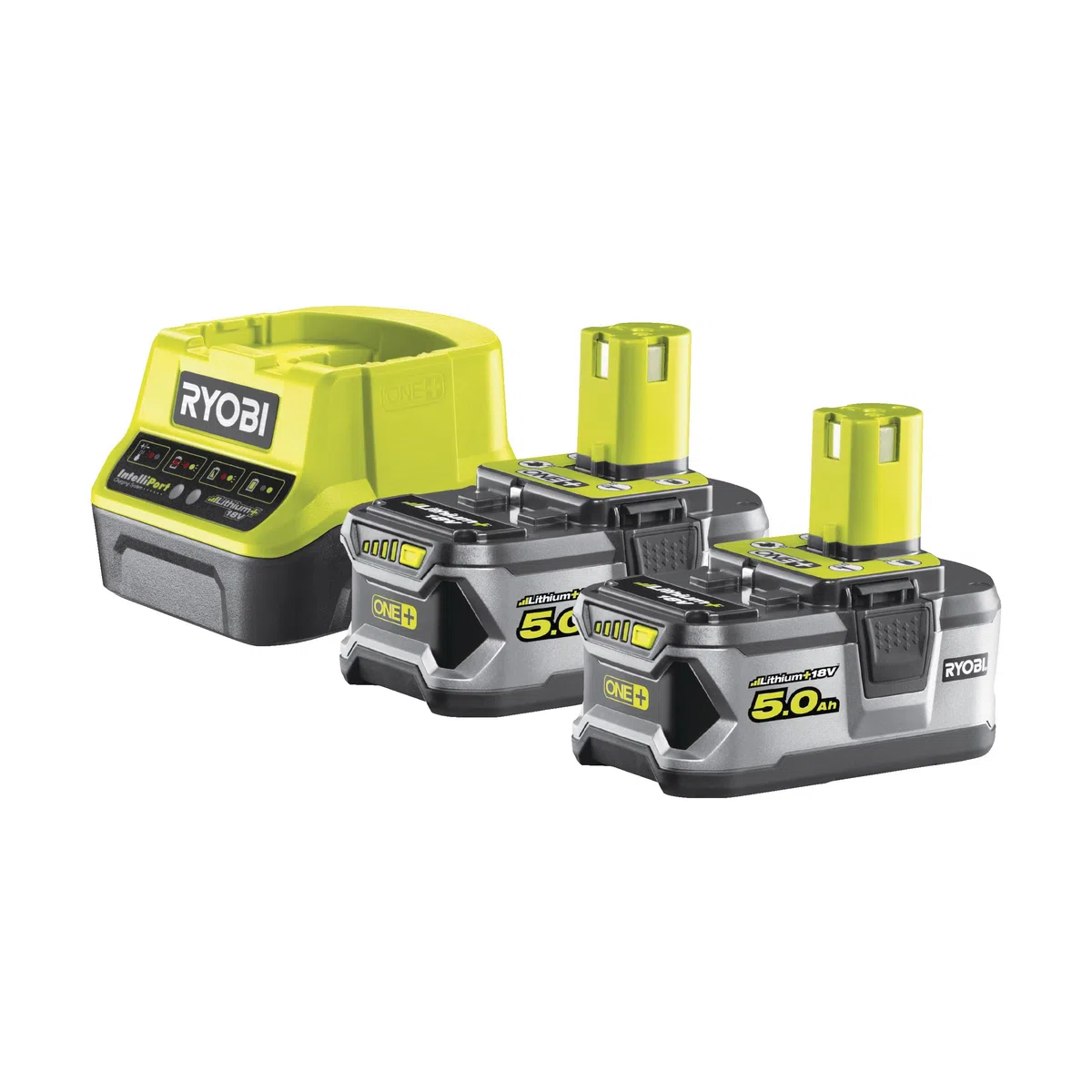 Pack RYOBI 5133003364 : 2 Batteries 18V One+ 5.0Ah LithiumPlus + Chargeur Rapide 2.0Ah RC18120-250 - Autonomie Élevée, Indicateurs LED, Protection Surcharge et Surchauffe !