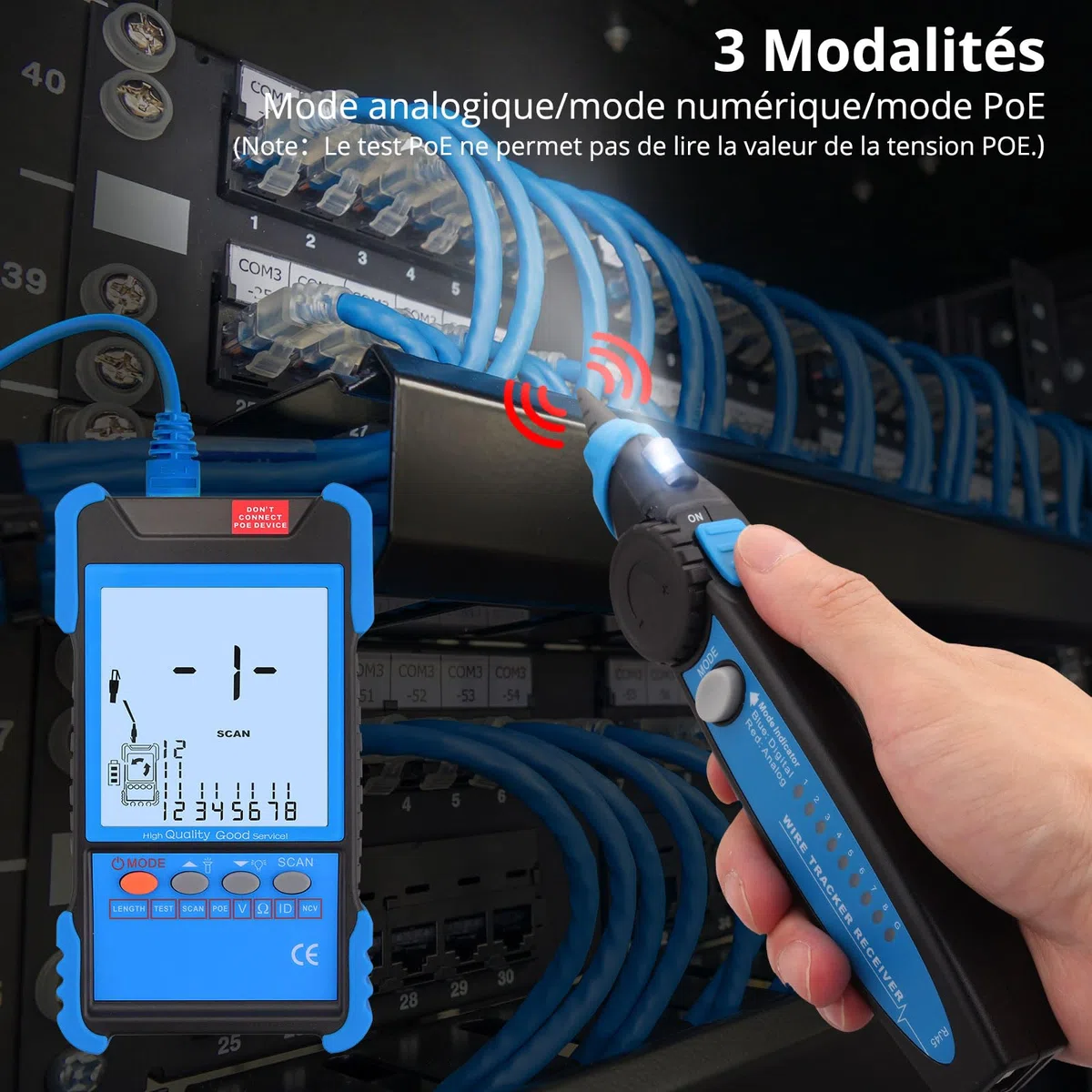 Testeur de Câble Réseau RJ45 RJ11 avec Écran LCD, Détecteur de Câble Fonction PoE & NCV Détecteur de Ligne Continuité Traqueur de Fil Multifonction pour CAT5 CAT6 CAT7 CAT8