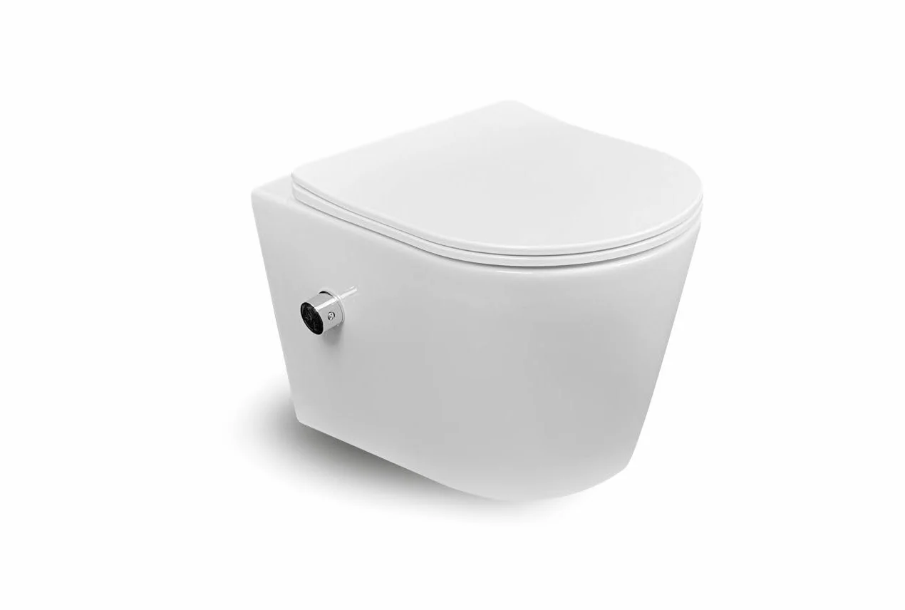 WC Suspendu avec Fonction Bidet Intégrée (Eau Chaude & Froide) – Cuvette de Toilette Ronde avec Abattant Ultra-Fin à Fermeture Douce, WC Japonais Flottant en Céramique (Blanc Brillant)