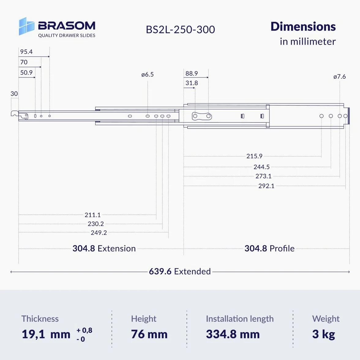 BRASOM Coulisses de tiroir - Glissières de tiroir 300mm, 250kg, 30cm, avec montage au sol et supports de tiroir, Heavy Duty, verrouillage des coulisses, roulement à billes, gauche et droite
