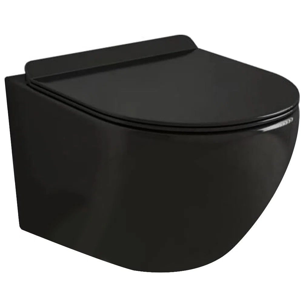 WC Suspendu noir Sans Bride avec Fixations Invisibles + Abattant Ultra Fin Déclipsable + Frein de Chute (Noir)