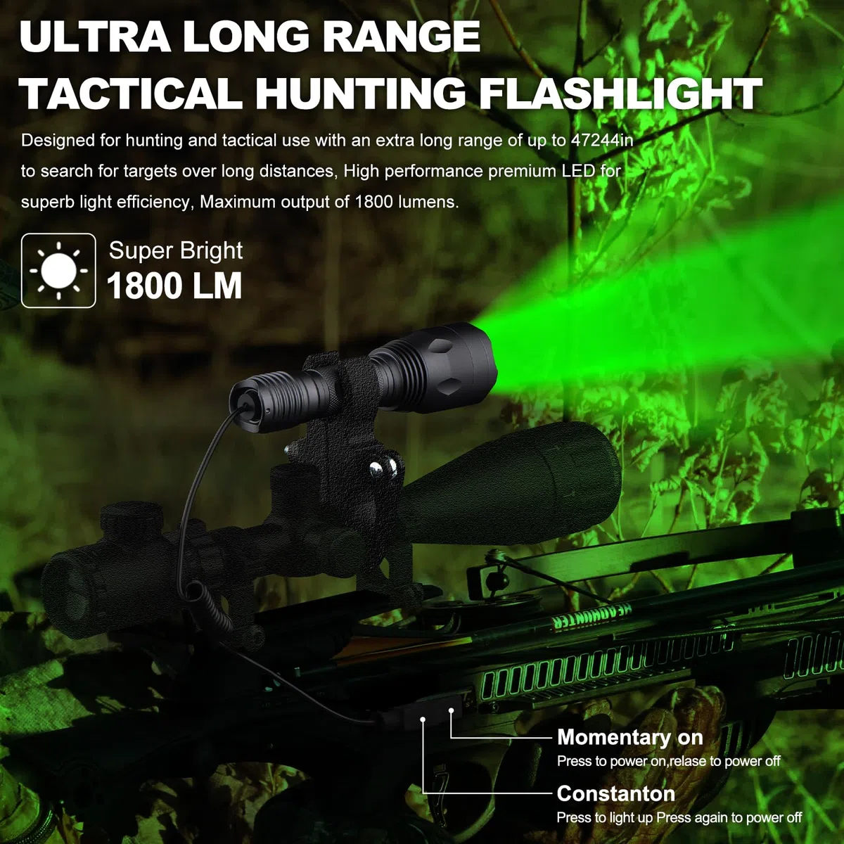 TC10 Kit de lampe de chasse, lumières vertes jusqu'à 1200 m, lampe de chasse haute puissance pour coyote, prédateur, Varmint, Coon & Hog - Éclairage 1600 lumens 1200 m