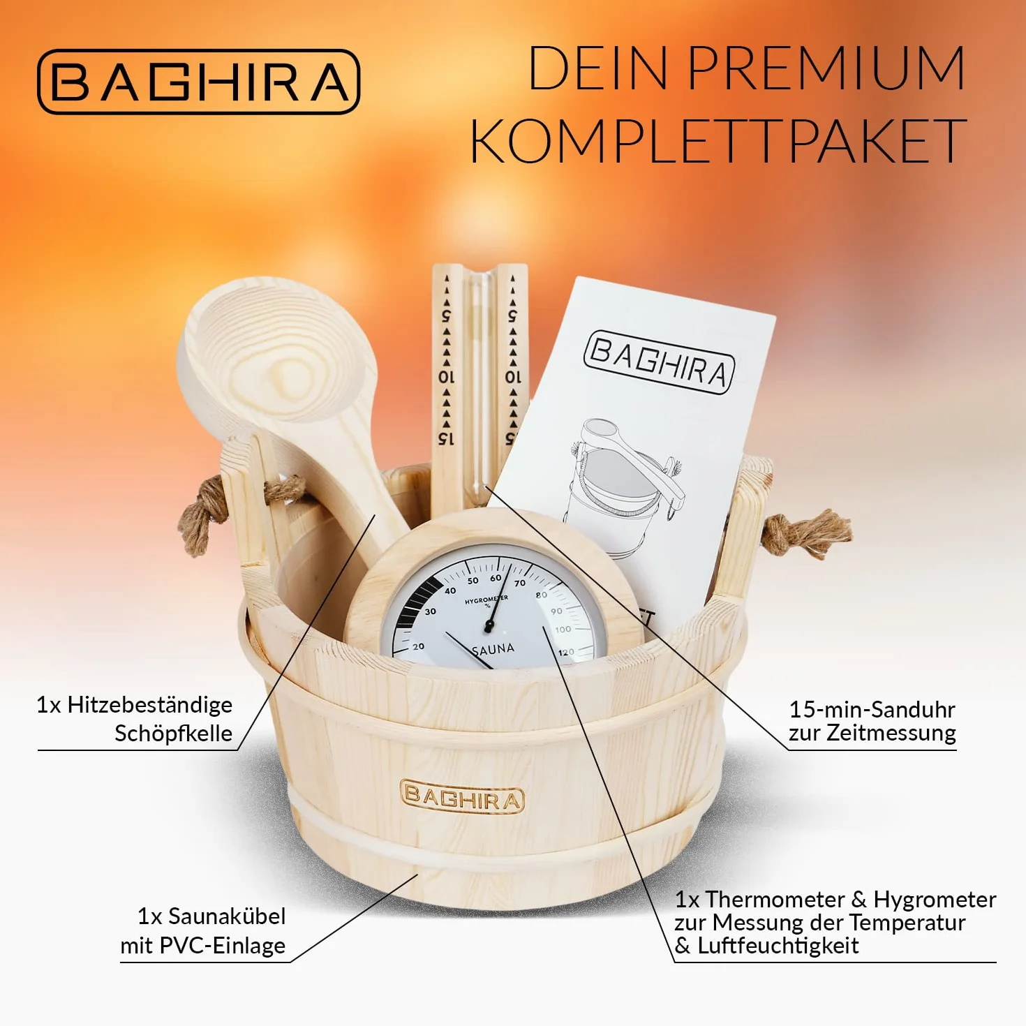 BAGHIRA Lot de 5 seaux de sauna en pin - Avec insert en PVC - Seau de sauna avec truelle, sablier, thermomètre et hygromètre