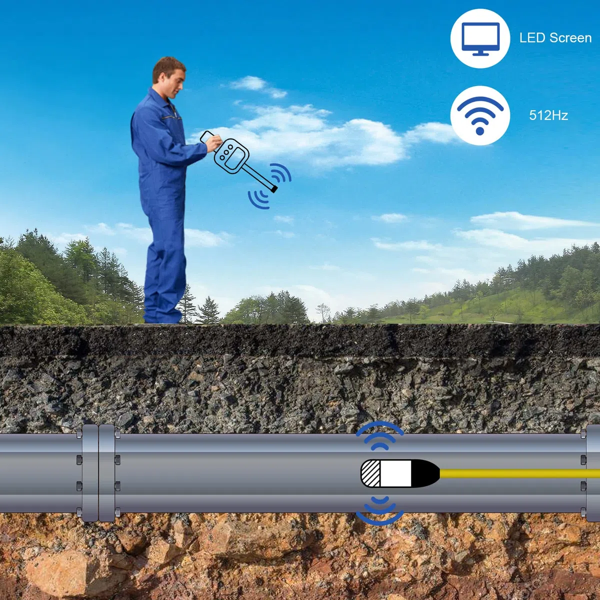 Localisateur de Tuyau 512HZ Récepteur Sonde Émetteur Localisateur de Caméra D'égout avec écran LED Bobine D'induction Intégrée pour L'exploration Souterraine