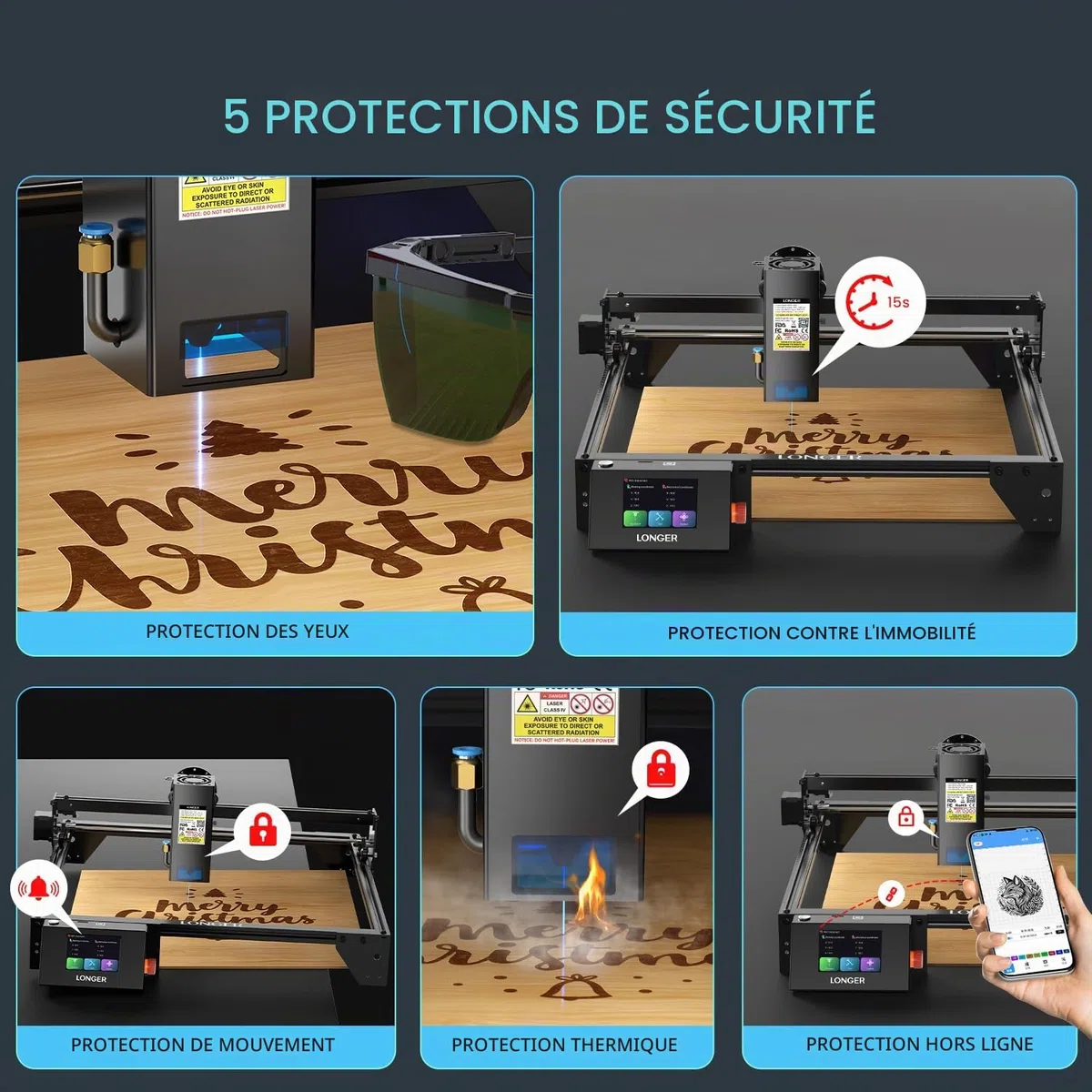 Longer Machine de gravure laser 20 W pour métal/bois/verre, plan de travail 400 x 365 mm, application hors ligne et écran tactile de 3,5 pouces, certifié CE, roulements allemands, lunettes de