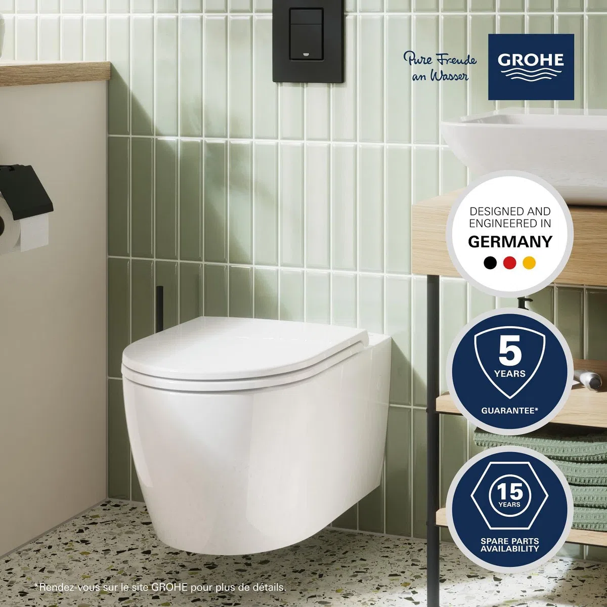 GROHE Start Round Ceramic Ensemble WC suspendu en céramique pour réservoir de chasse encastré (Avec frein de chute, sortie horizontale, volume de chasse 3/5 L), Blanc Alpin, 103848SH00