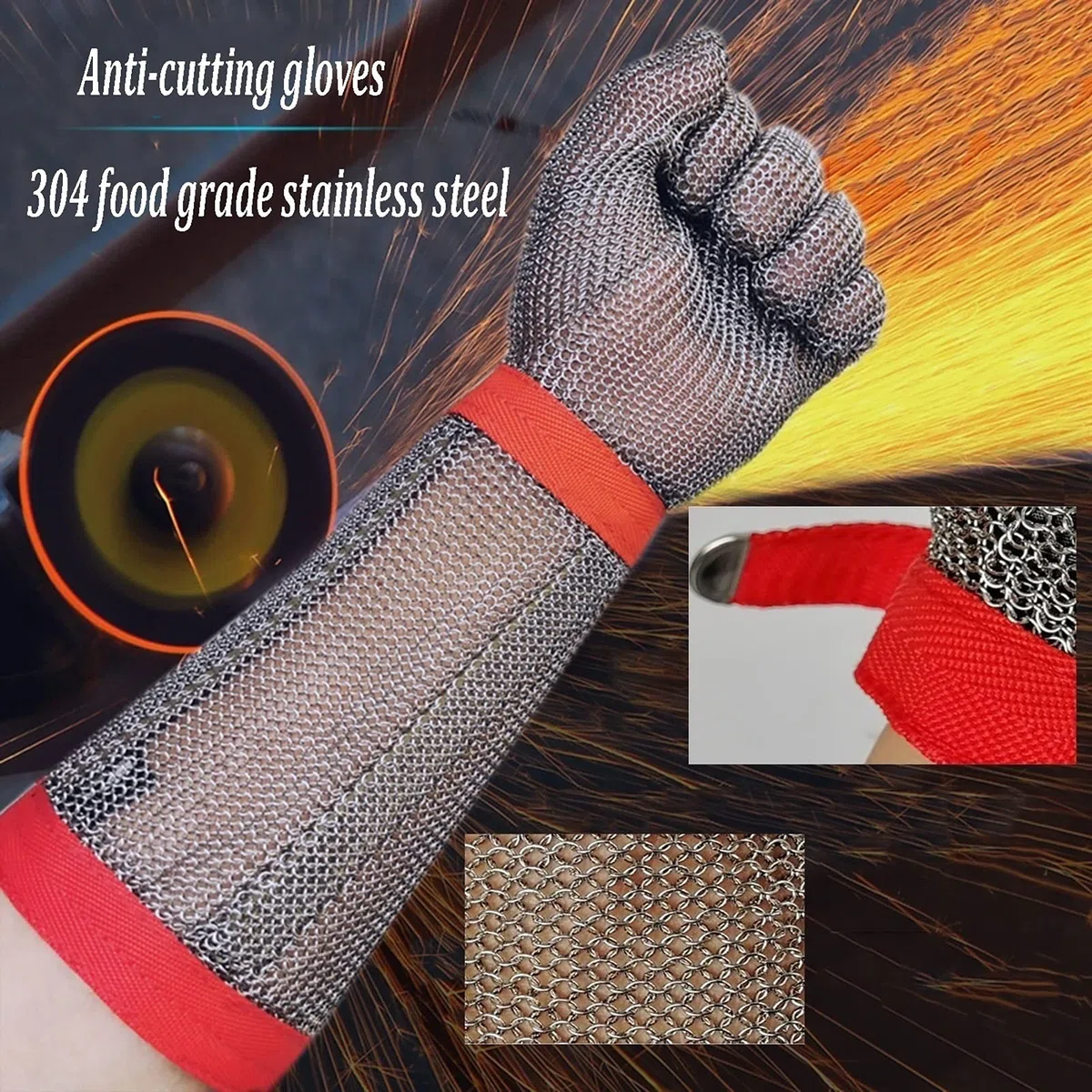Gants résistants aux coupures, Gants à manches longues, niveau de protection 9, gants travail en cotte mailles métalliques résistants aux coupures(Arm 19cm,1PCS/L)