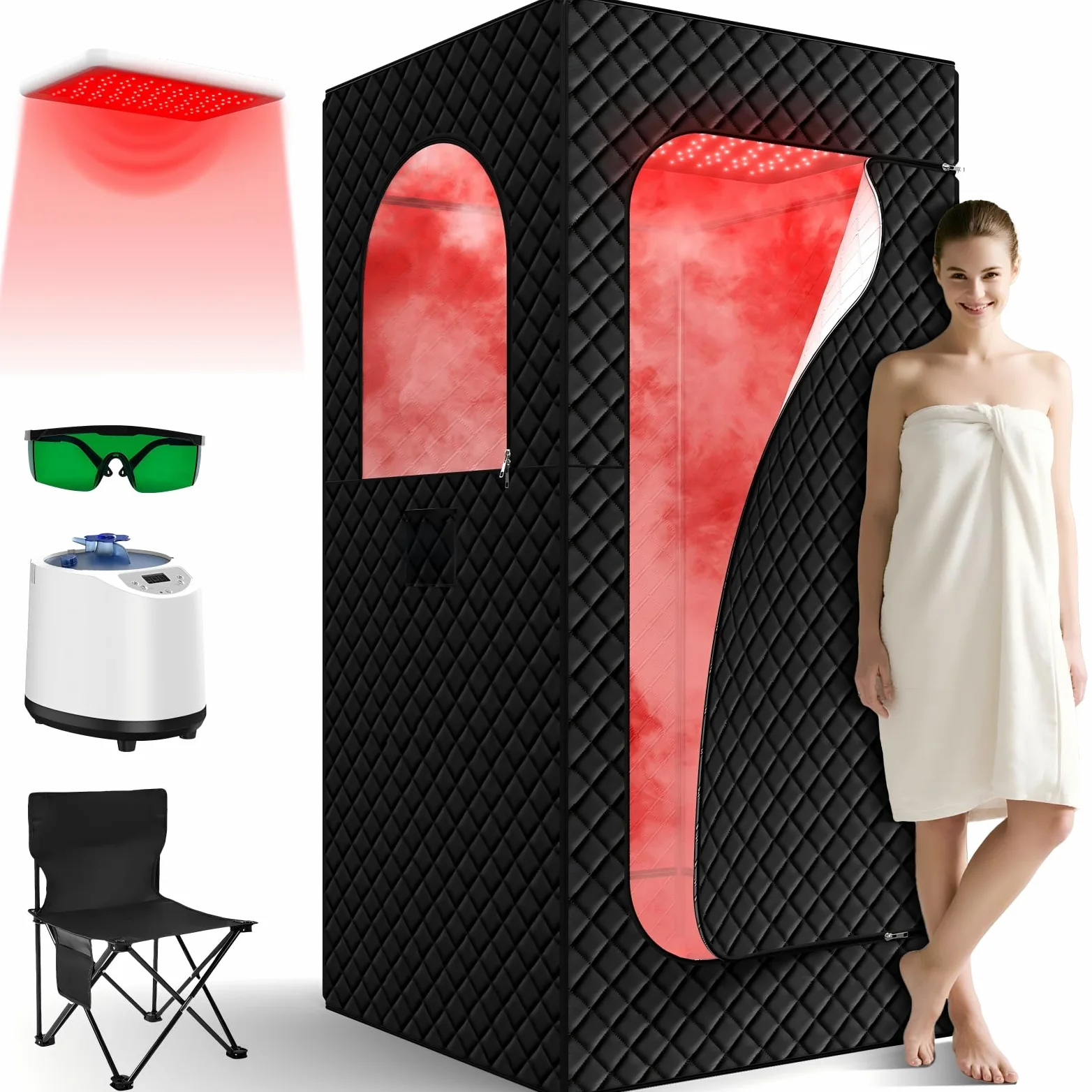 Sauna à vapeur portable infrarouge pour la maison - Générateur de vapeur pour bain de vapeur avec 660 nm Red Light Therapy, 3 l, 1200 W, chauffage rapide, générateur de vapeur avec télécommande
