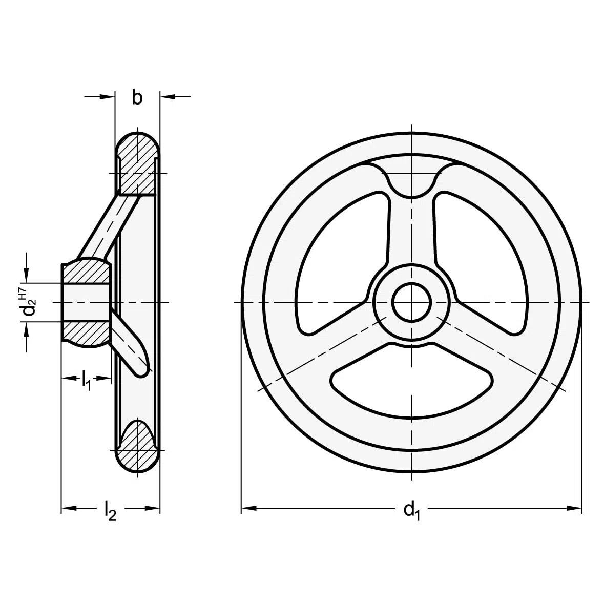 Ganter Normelemente | Volant en aluminium | DIN 950-AL-250-B26-A | Diamètre d1 : 250 mm ; alésage d2 : 26 mm