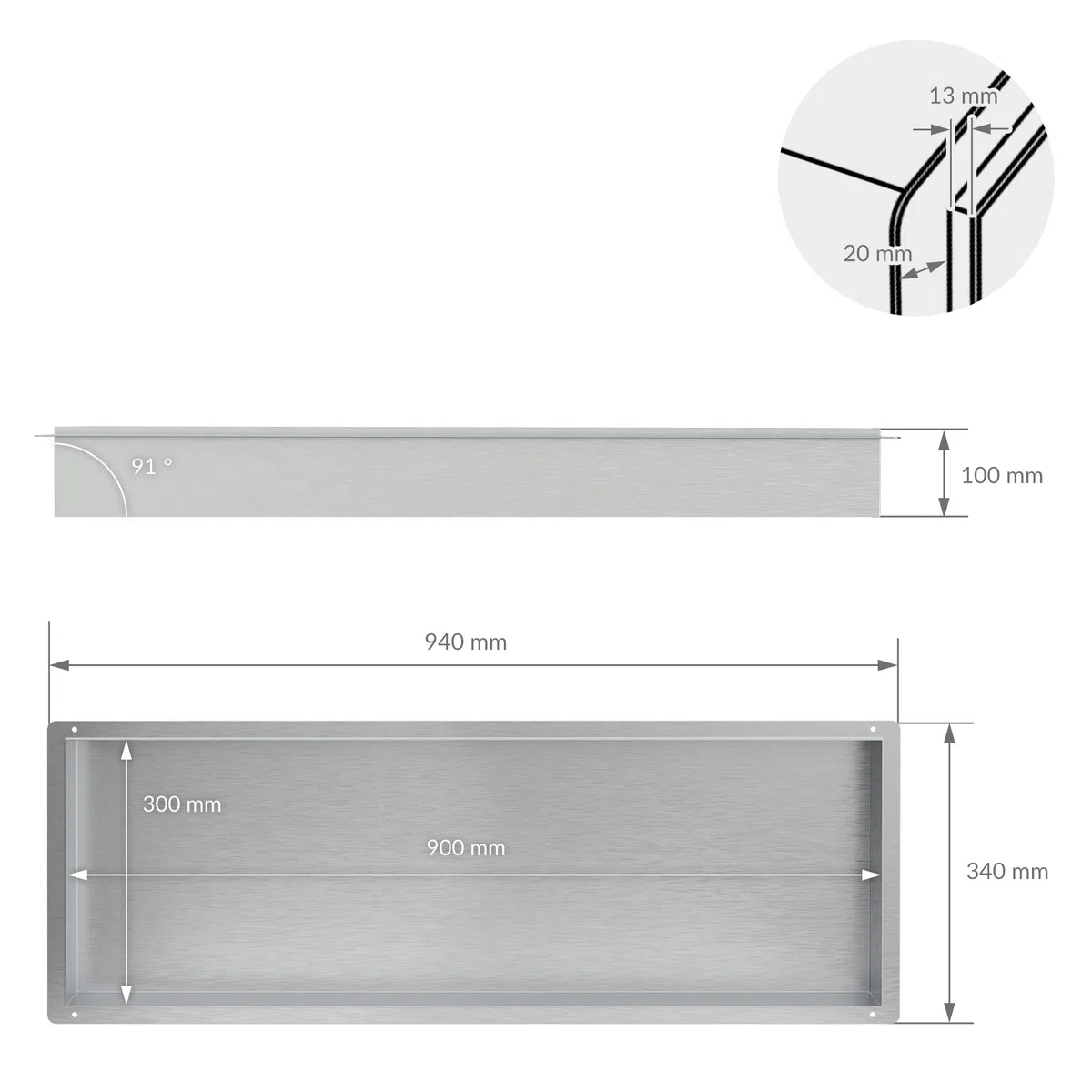 LuxeBath Niche de Douche Encastrée Murale, 90x30x10 cm, en Acier Inoxydable, Argent, sans Rebord, Étagère Encastrable Salle de Bain, Seule Couche, Rangement Articles Toilette, avec Matériel Montage
