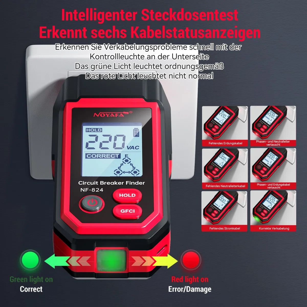 NOYAFA NF-824 Testeur de prise, détecteur de fusible, détecteur de disjoncteur avec écran LCD, testeur de tension sans contact avec 240 V, testeur de prise Schuko, testeur de phase NCV, détecteur de
