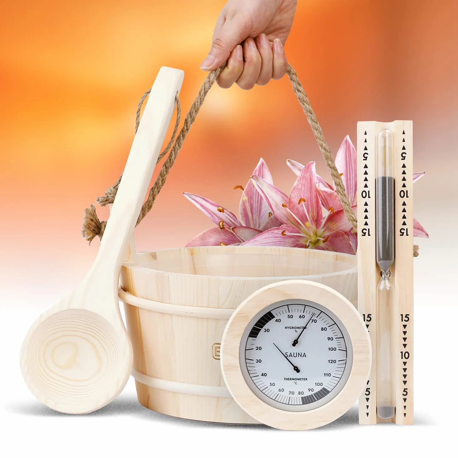 BAGHIRA Lot de 5 seaux de sauna en pin - Avec insert en PVC - Seau de sauna avec truelle, sablier, thermomètre et hygromètre