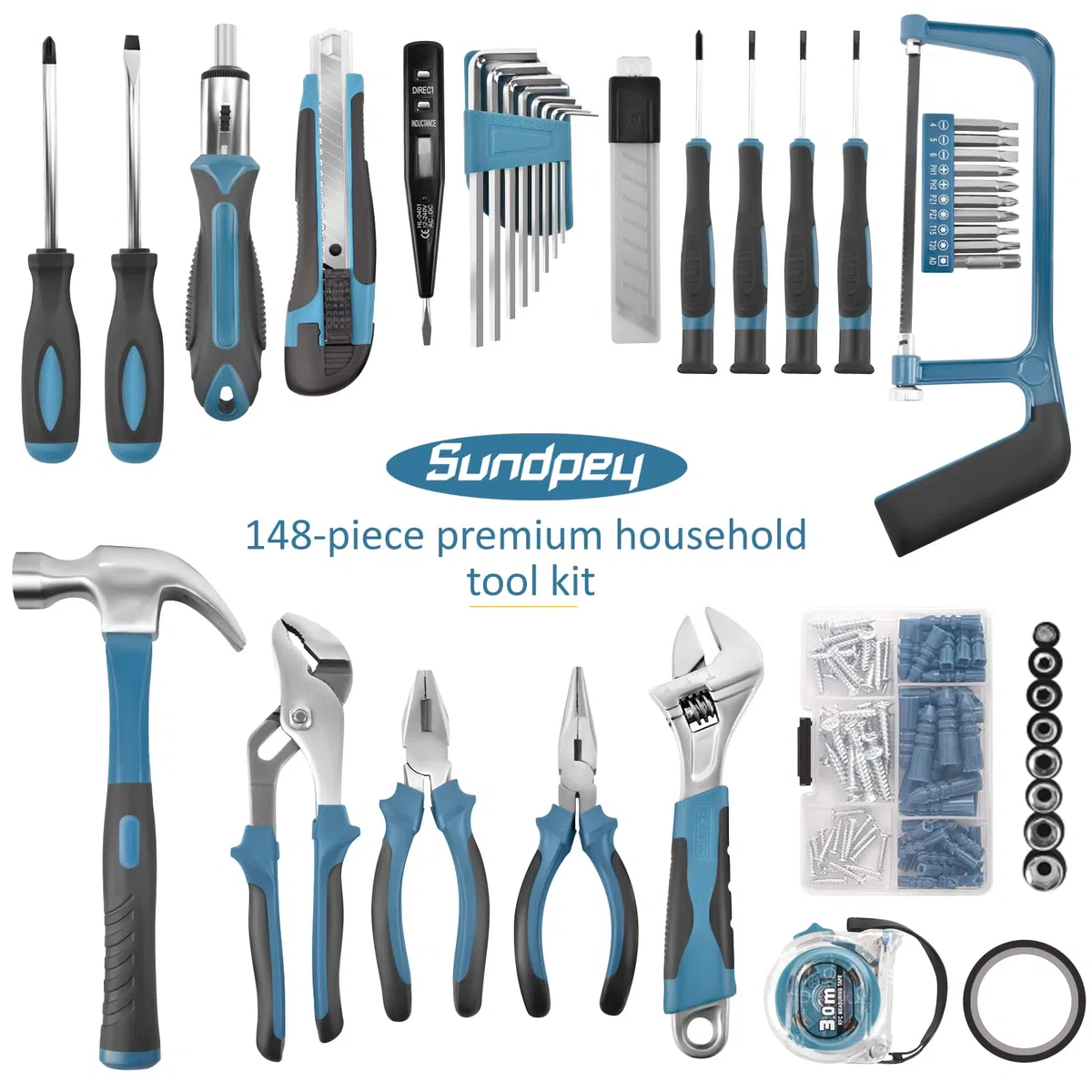 Sundpey Kit d'outils pour la maison 148 pièces – Ensemble d'outils portables de réparation manuelle de base avec étui et tournevis à cliquet et clé hexagonale et pinces et clé