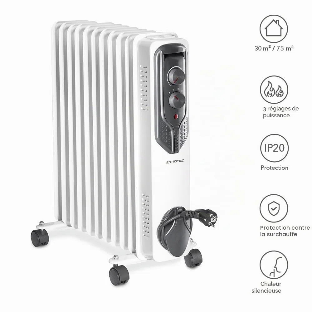 TROTEC Radiateur bain d'huile TRH 21 E, 3 niveaux de puissance, 2500W, thermostat réglable, 11 ailettes, chauffage silencieux avec fonction antigel